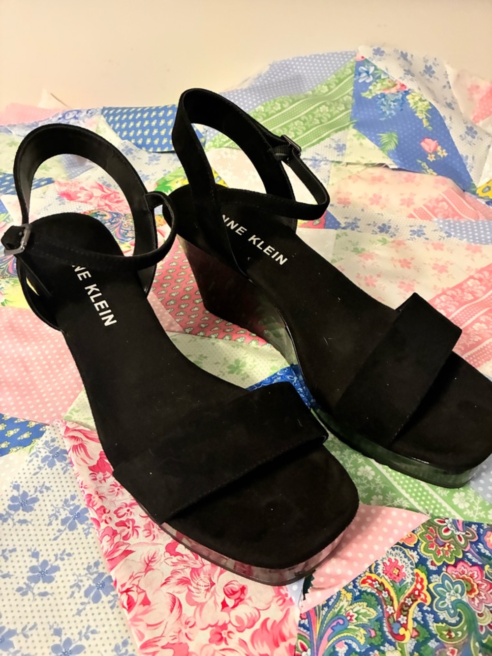 Anne Klein Black Suede Wedge Sandals with Ankle Strap